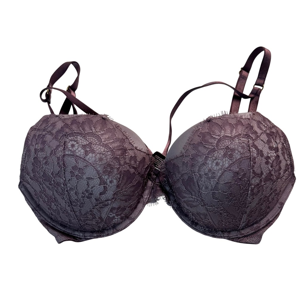 Victorias Secret Very Sexy Push-Up Bra 32D Purple Floral Lace Eyelash Trim